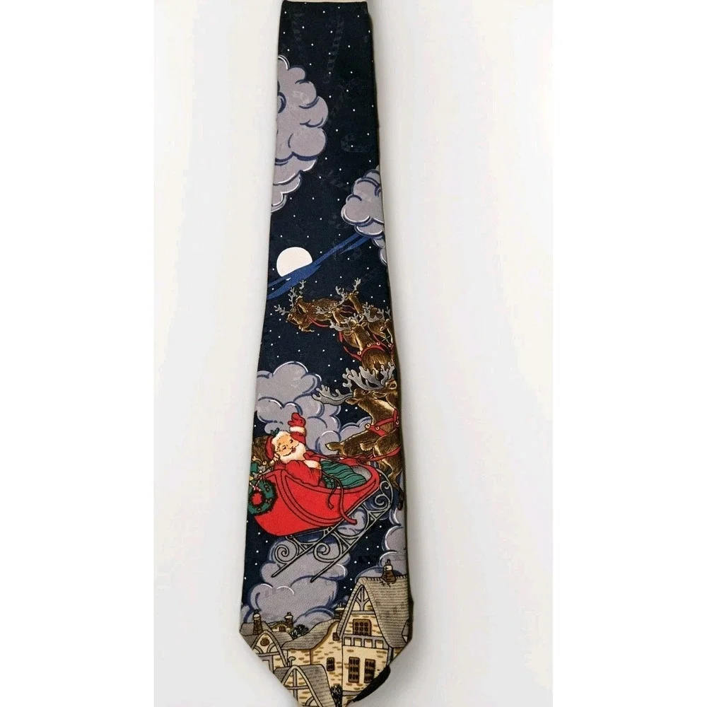 Hallmark Yule Tie Greetings Christmas Santa Sleigh Reindeer Holiday Necktie